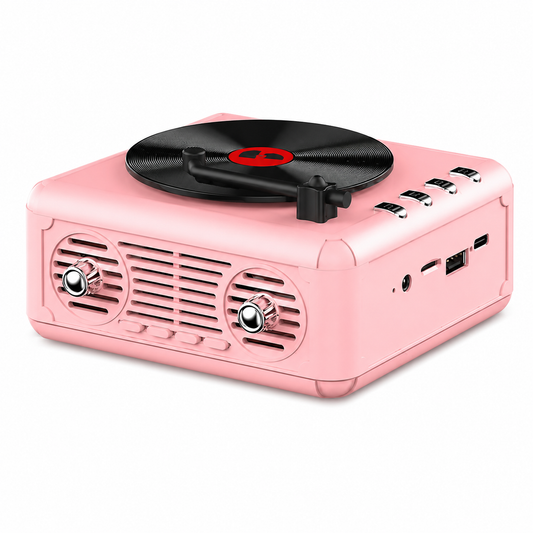 Pink Retro Vinyl Bluetooth Speaker with Rotating Turntable on white background