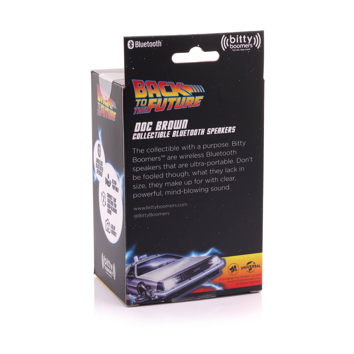 Back to the Future Doc Brown Bitty Boomers mini Bluetooth speaker featuring Dr. Emmett Brown in a collectible miniature design.