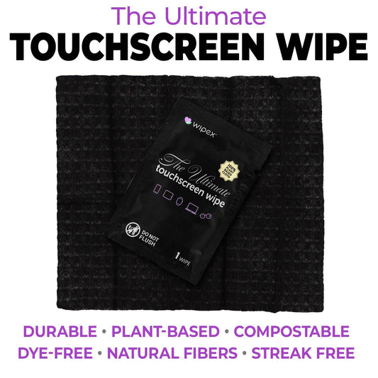 Touchscreen wipe packaging on a textured black surface with promotional text.