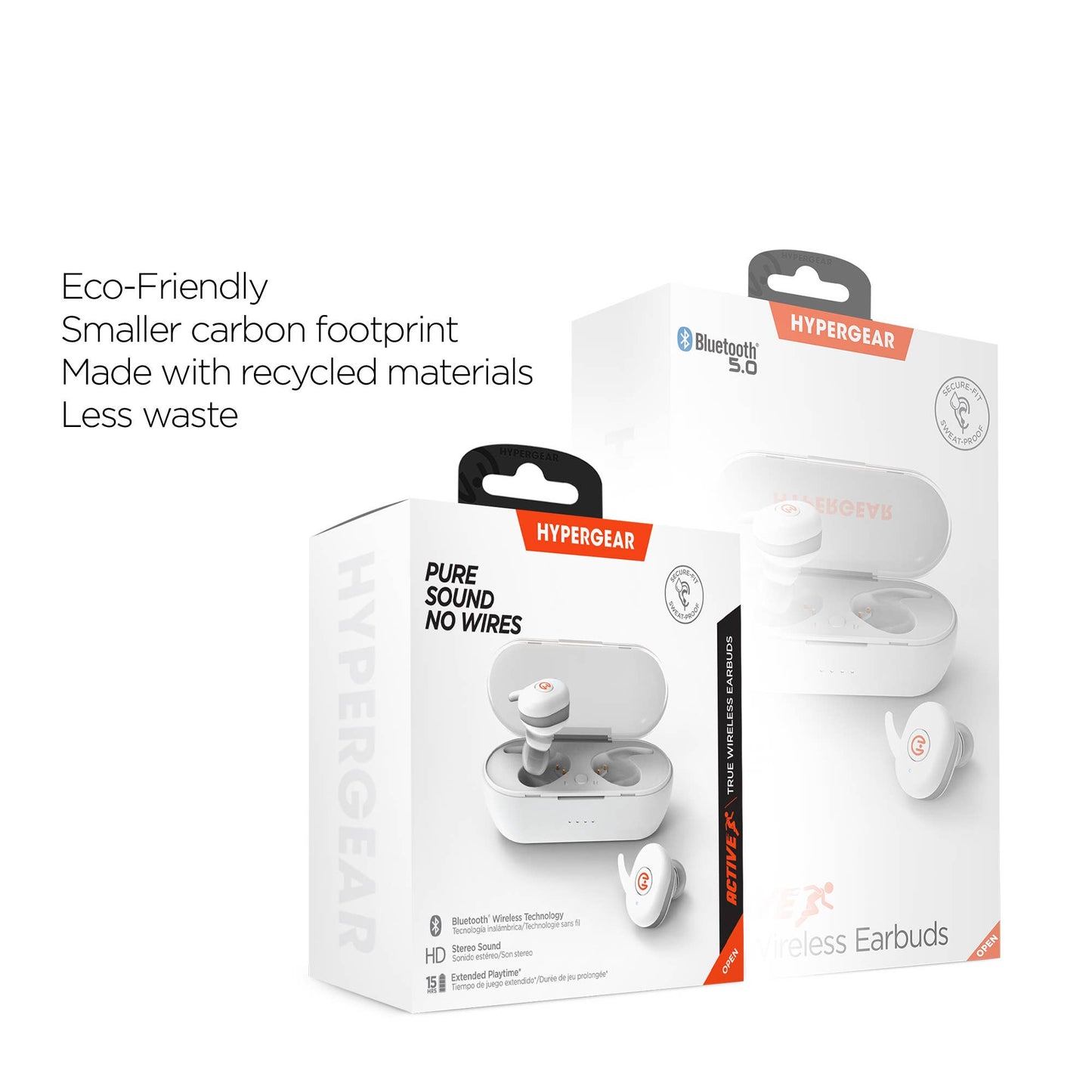 White Hypergear wireless earbuds retail packaging shown on a light gray background, with descriptive marketing text on the left. The boxes feature product imagery of white earbuds in a charging case and include Bluetooth 5.