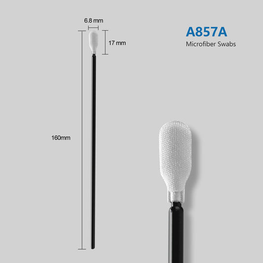 Microfiber swab with a black handle and white textured head, shown on a light gray background with dimension labels (6.8 mm, 17 mm, 160 mm) and the text 'A857A Microfiber Swabs'.
