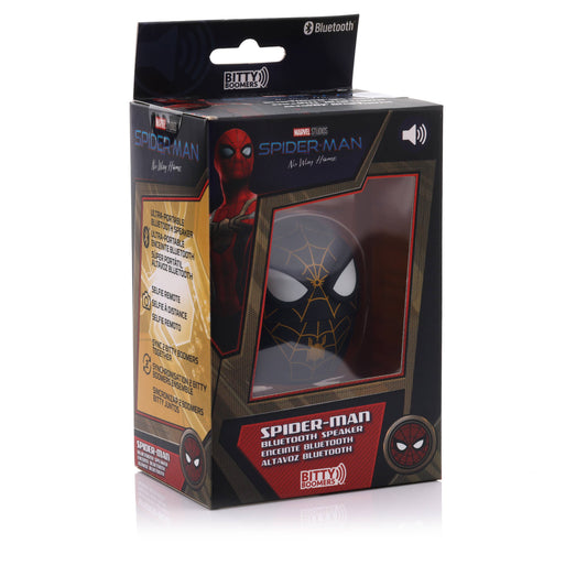 Marvel Spider-Man Black & Gold Bitty Boomer mini Bluetooth speaker featuring Spider-Man’s black and gold superhero suit in retail packaging.