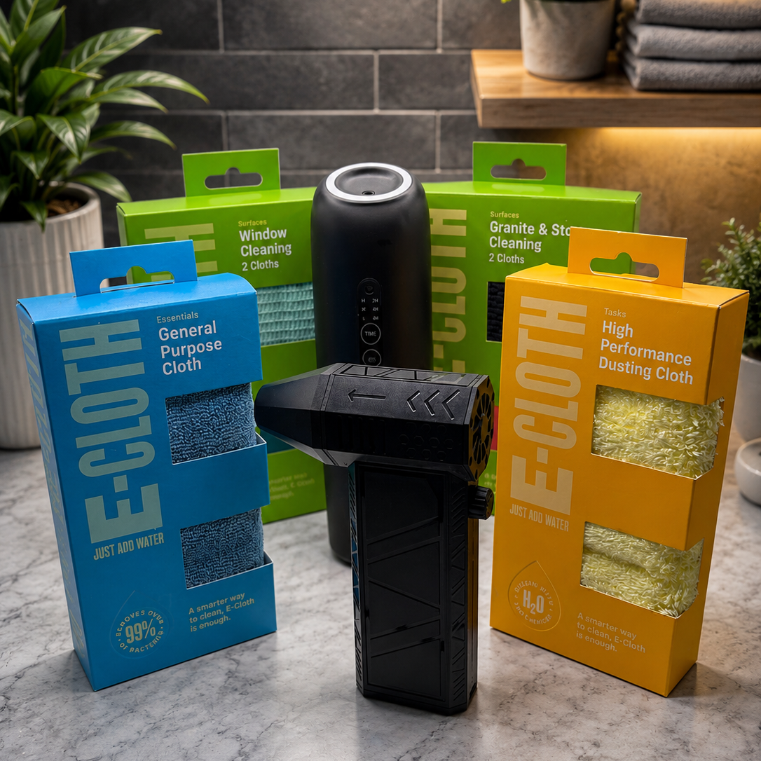cleaning bundle containing a air duster, fragrance diffuser, window cleaning kit, granite and stone cleaning kit, general purpose cloth, and a dusting cloth with a kitchen counter as the background