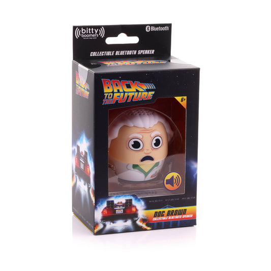 Back to the Future Doc Brown Bitty Boomers mini Bluetooth speaker featuring Dr. Emmett Brown in a collectible miniature design.