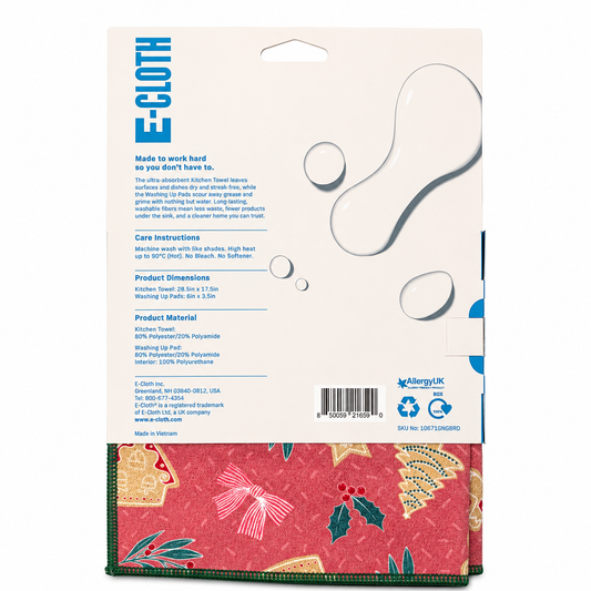 Back side of an ECloth kitchen towel package, showing printed care instructions, dimensions, and material details on a white card, with the folded towel visible at the bottom in a red floral print.