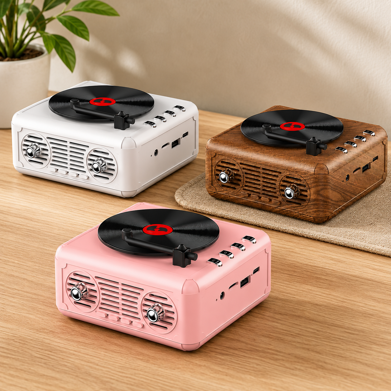 White, wood, and pink Retro Vinyl Bluetooth Speakers with Rotating Turntables on a wooden table with plant in the background