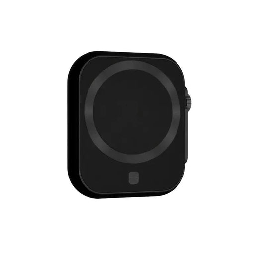 A black square wireless charging bank with rounded corners, featuring a circular magnetic charging area in the center, a small square button at the bottom, and a side control knob, shown on a plain white background.