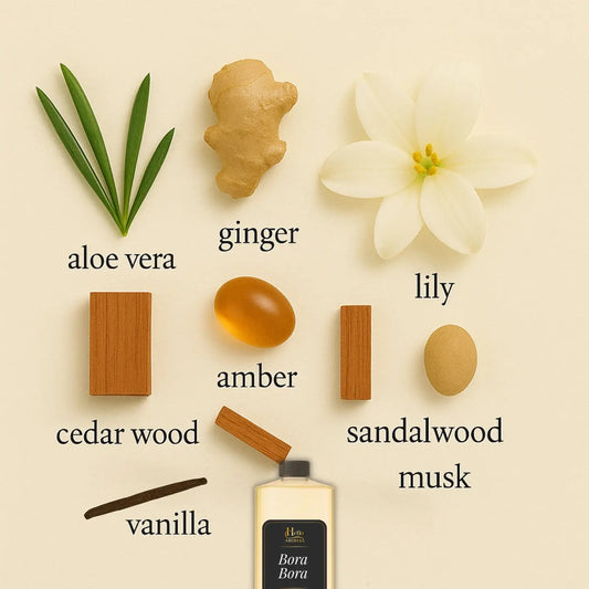 Bora Bora Fragrance Oil Ingredients. Aloe vera, ginger, lily, cedar wood, amber, sandalwood musk, and vanilla.