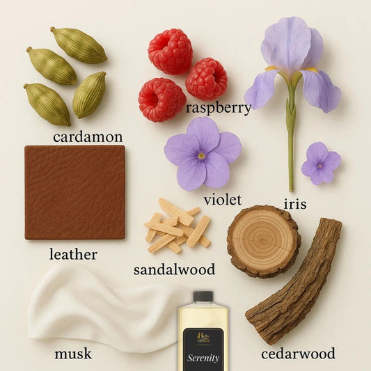 Collection of cardamom, raspberries, violets, iris, leather, sandalwood, musk, and cedarwood with corresponding labels on a light background.