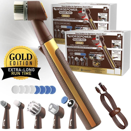 Horsepower Pocket Pole Gold cordless brush with a brown and gold handle, shown alongside its retail packaging, six interchangeable brush heads, a USB charging cable, and a gold 'Gold Edition' badge on a white background.