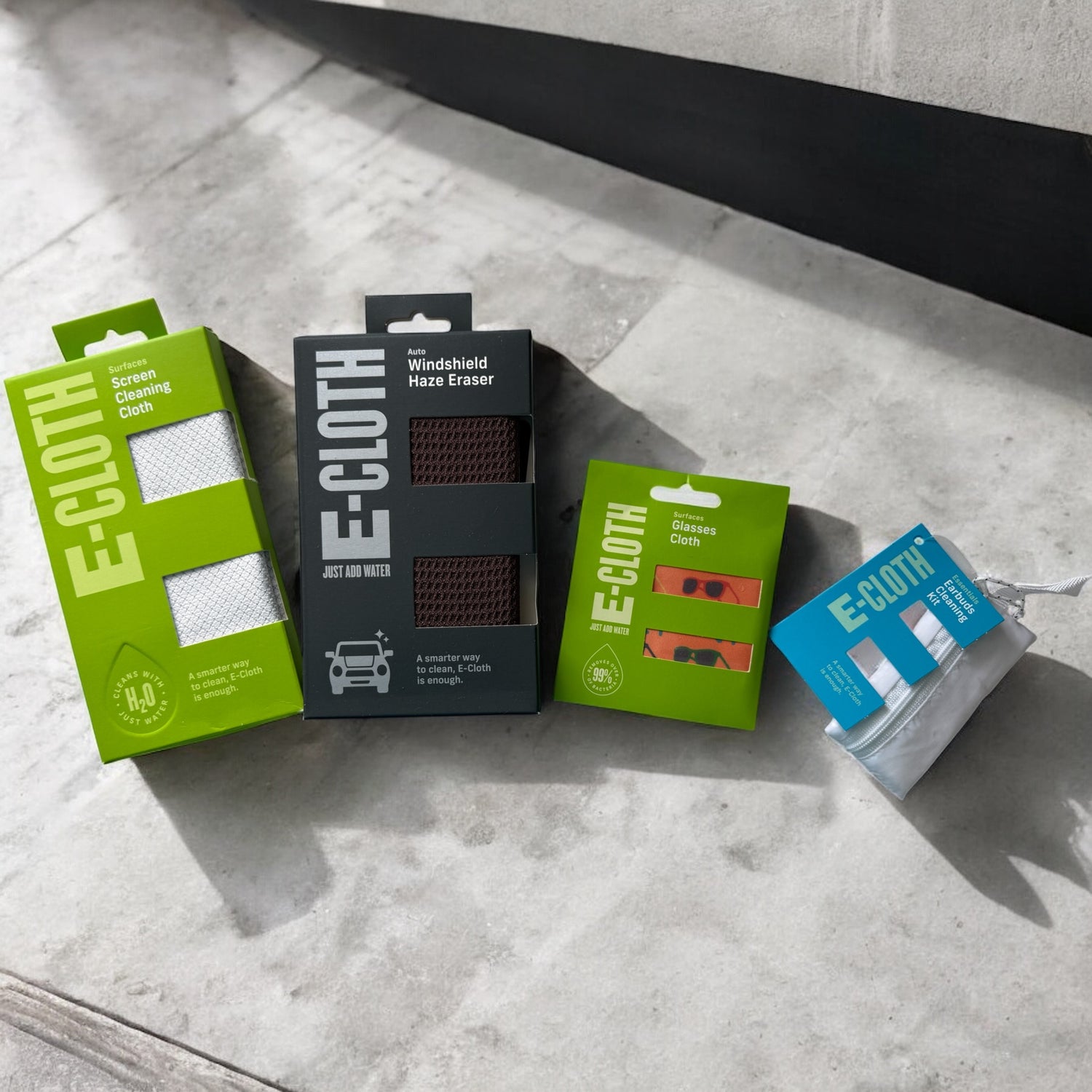 E-Cloth screen cleaning cloth, windshield eraser, glasses cloth, and earbuds cleaning kit.