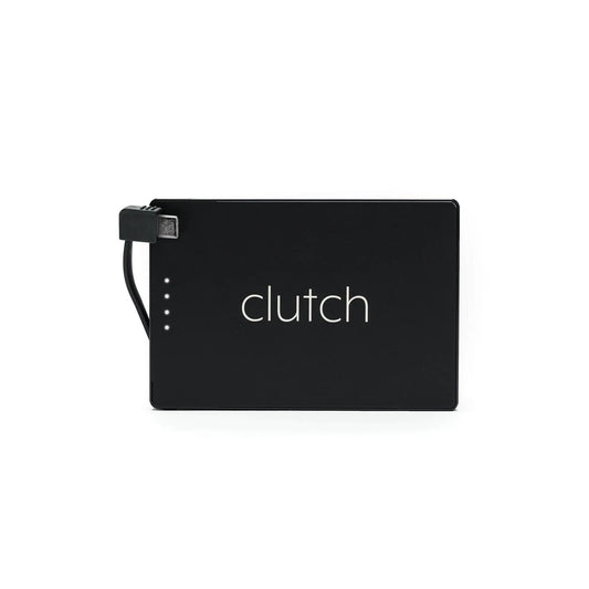 Black rectangular clutch portable power bank with a sleek matte finish, featuring white branding and led indicator lights along its edge.