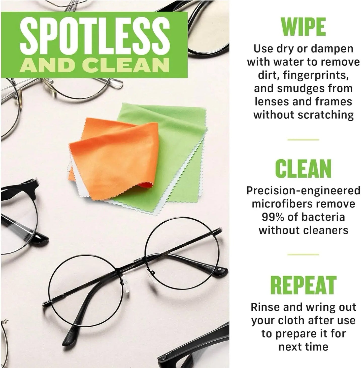 Orange and green microfiber lens cleaning cloths