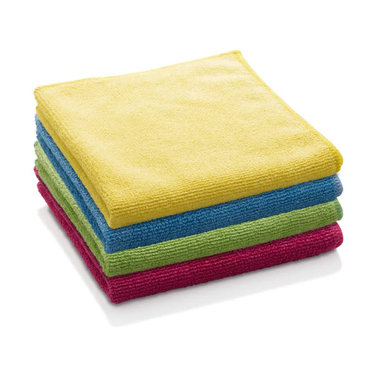 Stack of colorful microfiber cleaning cloths in yellow, blue, green, and magenta.