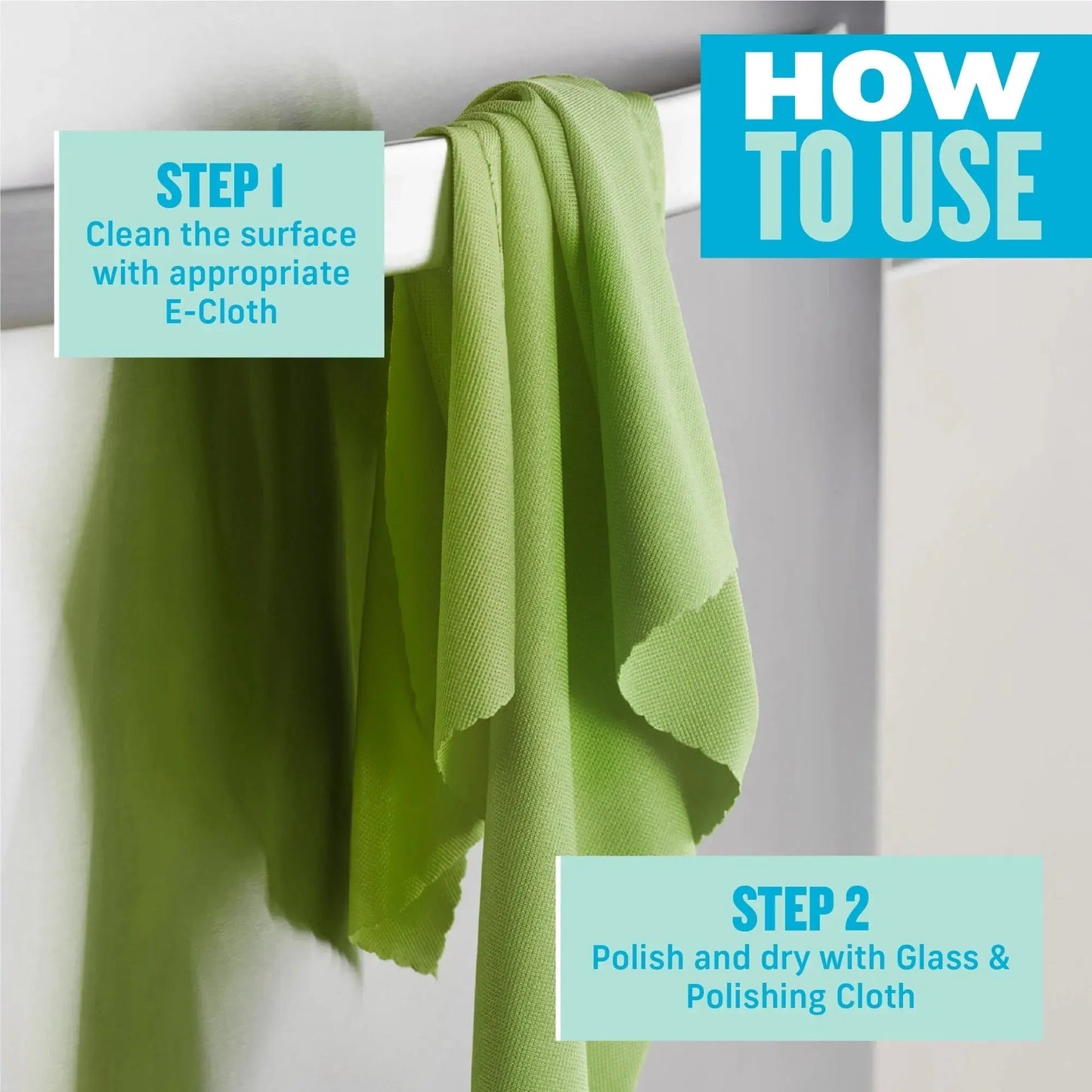 A soft, lime-green microfiber e-cloth hanging neatly over a white surface.