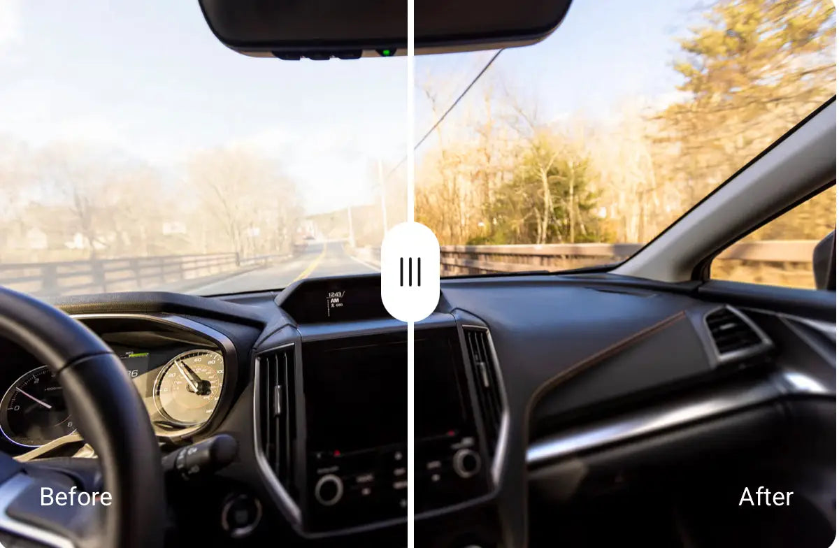The image displays a split-screen comparison of a car’s interior, with the left side labeled ’before’ showing a foggy windshield and the right side labeled ’after’ showcasing a clear view through the same window.