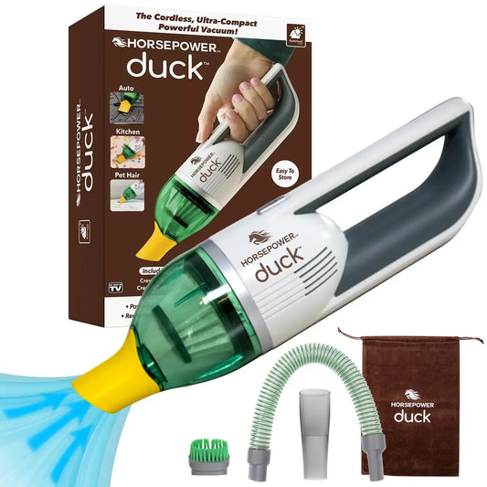 Duck cordless vacuum with box and attachments on a white background