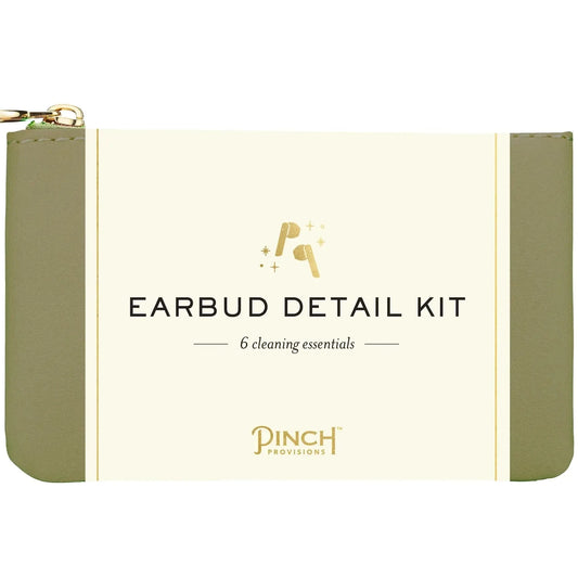 Olive green leather pouch with gold zipper and minimalist design, labeled ’earbud detail kit’ by pinch provisions.