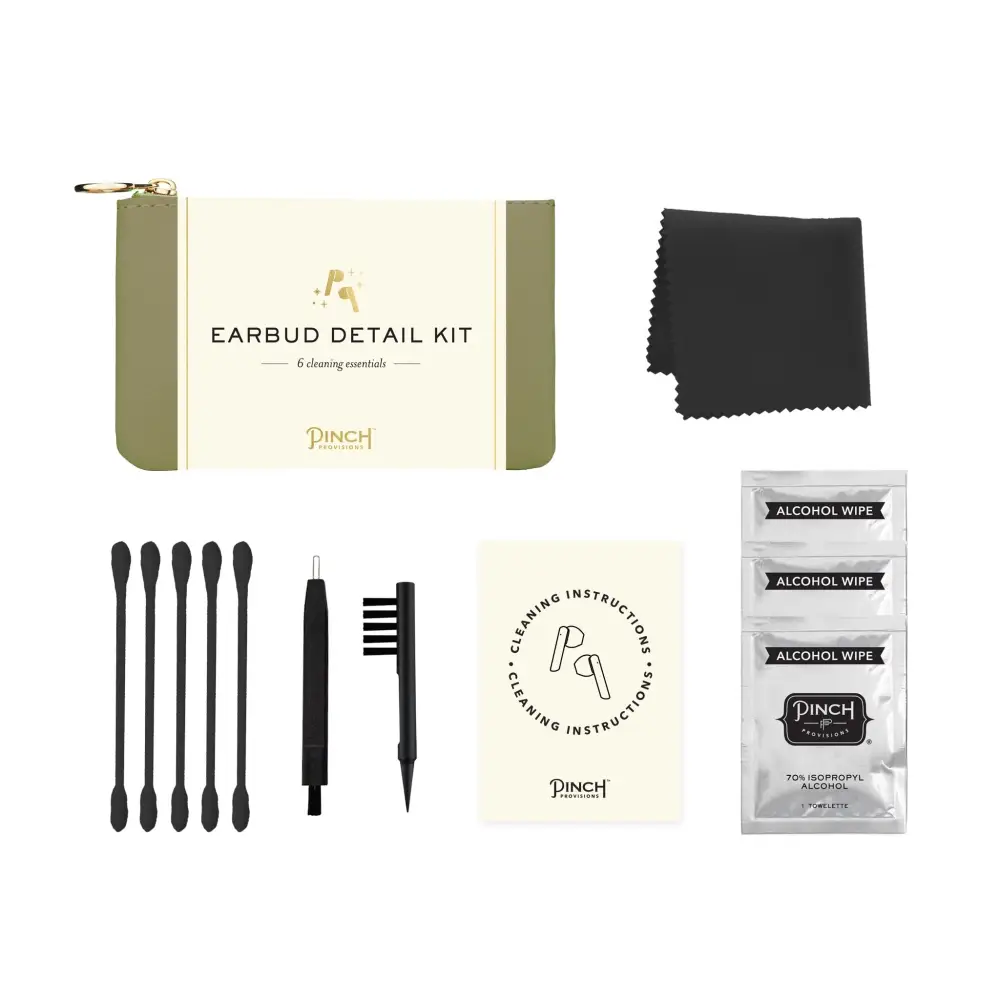 Olive green and cream-colored zippered pouch with gold zipper pull, labeled ’earbud detail kit’ by pinch provisions.