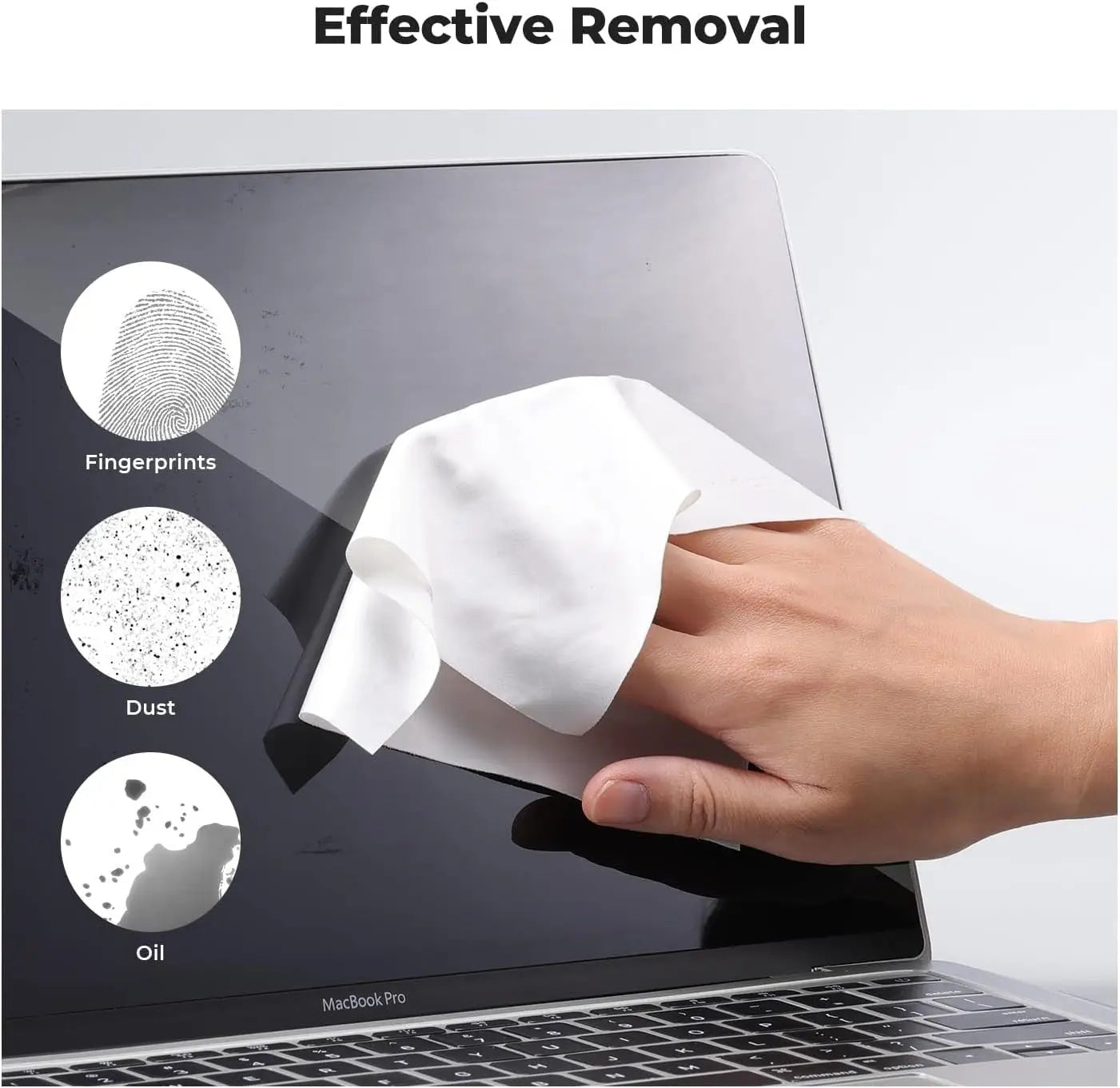 White microfiber cloth being used to wipe a macbook pro screen.