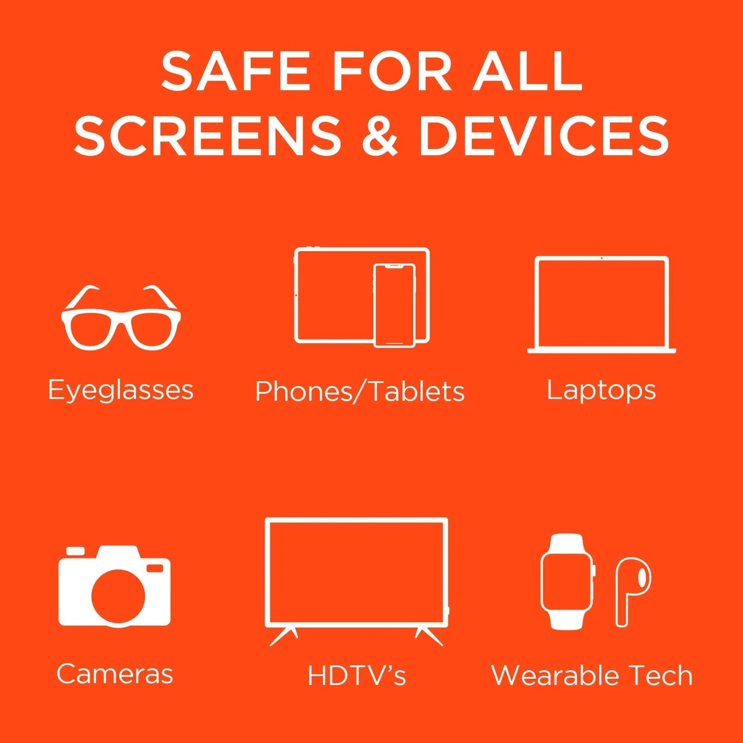 White line art icons on orange background depicting various electronic devices and accessories.