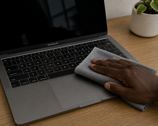 Person wipes computer on desk with a grey microfiber cloth with plant in the background.