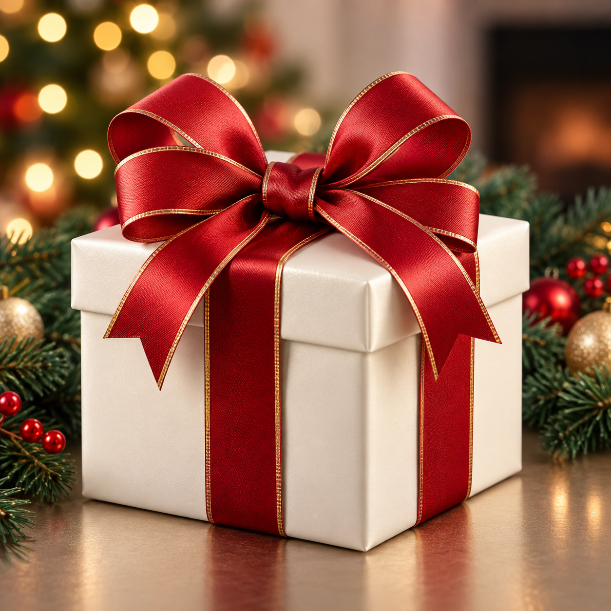 Holiday gift box wrapped with a red and gold ribbon, surrounded by evergreen branches, ornaments, and warm Christmas lights.