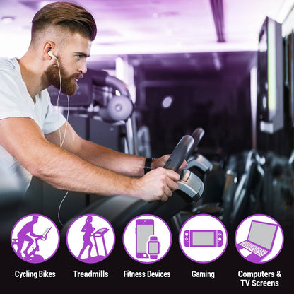 Man exercising on a stationary bike with icons and text about different fitness devices.