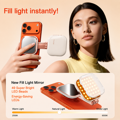 A woman holds a phone with an attached orange and white fill light mirror accessory, with promotional text and a feature callout explaining instant fill lighting. The image shows the product being demonstrated on a phone in a styled promotional layout with a model present.