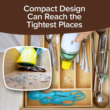 Wooden kitchen drawer organizer with cutlery and small items, text 'Compact Design Can Reach the Tightest Places'.