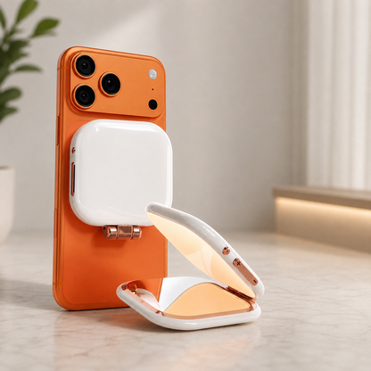 A white and rose gold magnetic phone case shown attached to an orange smartphone, standing on a light marble surface with a softly blurred indoor background.
