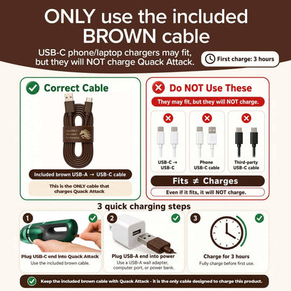 Horsepower Duck Quack Attack vacuum graphic warning to only use the included brown charging cable to charge this vacuum.