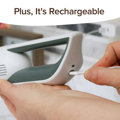 Person plugging a charging cable into a white electronic device with text 'Plus, It's Rechargeable' above.