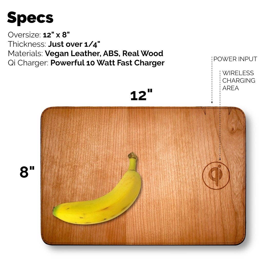 WUDN large real wood wireless charging mouse pad with built-in 15W Qi fast charger, specs