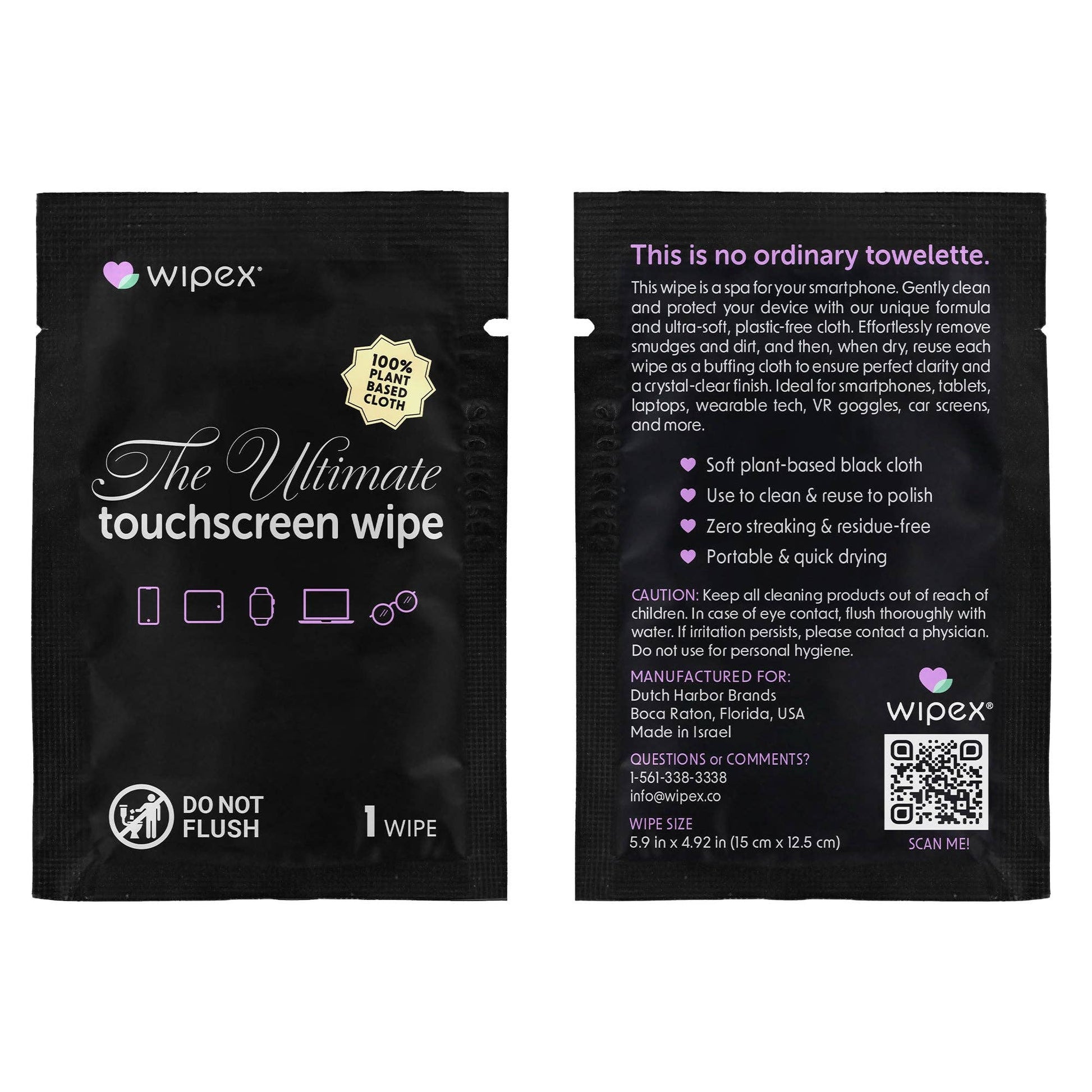 Wipex touchscreen wipe packaging with text and branding on a white background
