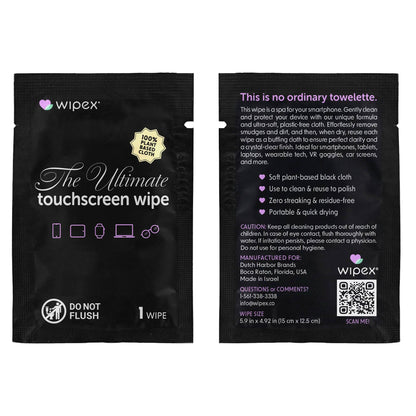 Wipex touchscreen wipe packaging with text and branding on a white background