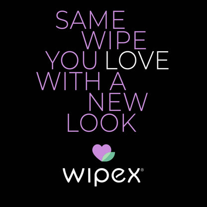 Wipex advertisement with text 'Same wipe you love with a new look' on a black background