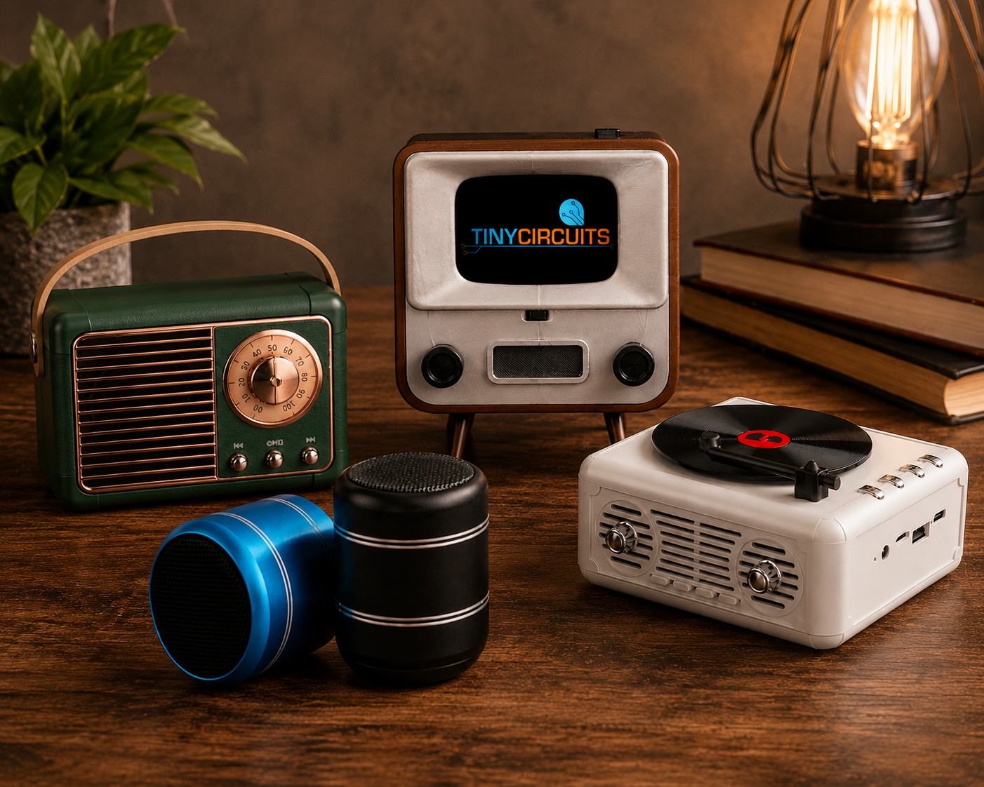 A collection of retro-style portable electronics arranged on a wooden table, including a green radio, a vintage TV-shaped speaker, a blue and black cylindrical speaker, a white record player speaker, and a small sign reading TINYCIRCUITS, with a plant, books, and a lamp in the background.