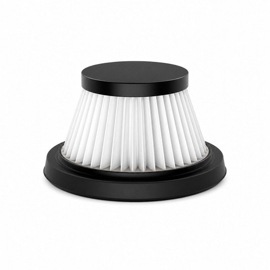 A pleated air filter with a white pleated body and black top and bottom caps, shown on a clean white background.