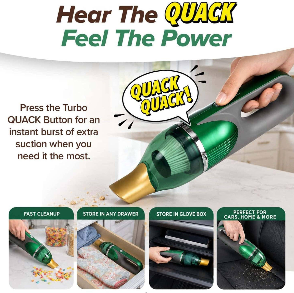 Horsepower Duck Quack Attack vacuum graphic illustrating the Quack sound heard when Turbo Quack button is pushed. 