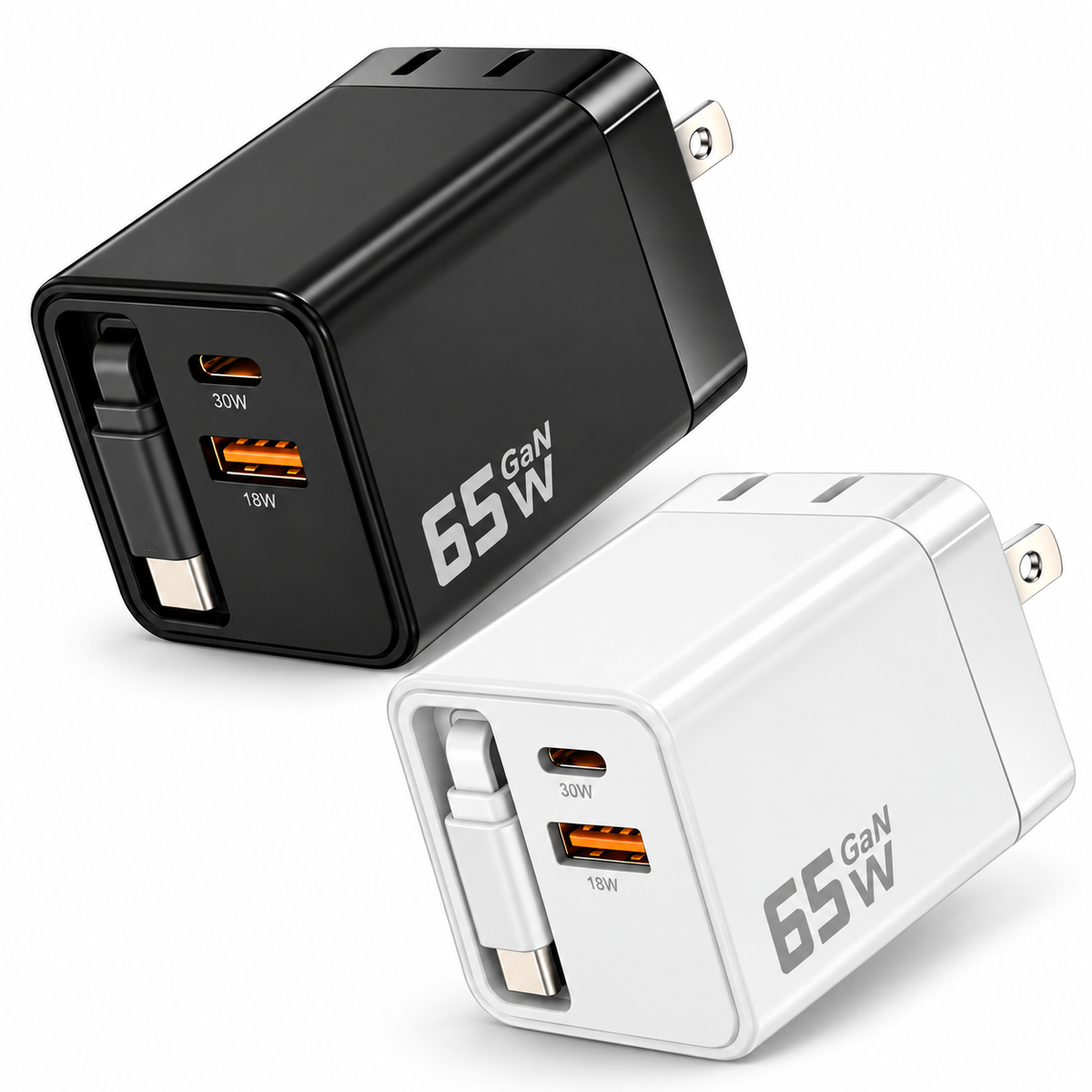 TechTrendz 65W 3-in-1 Retractable USB-C Wall Charger in black and white color options.