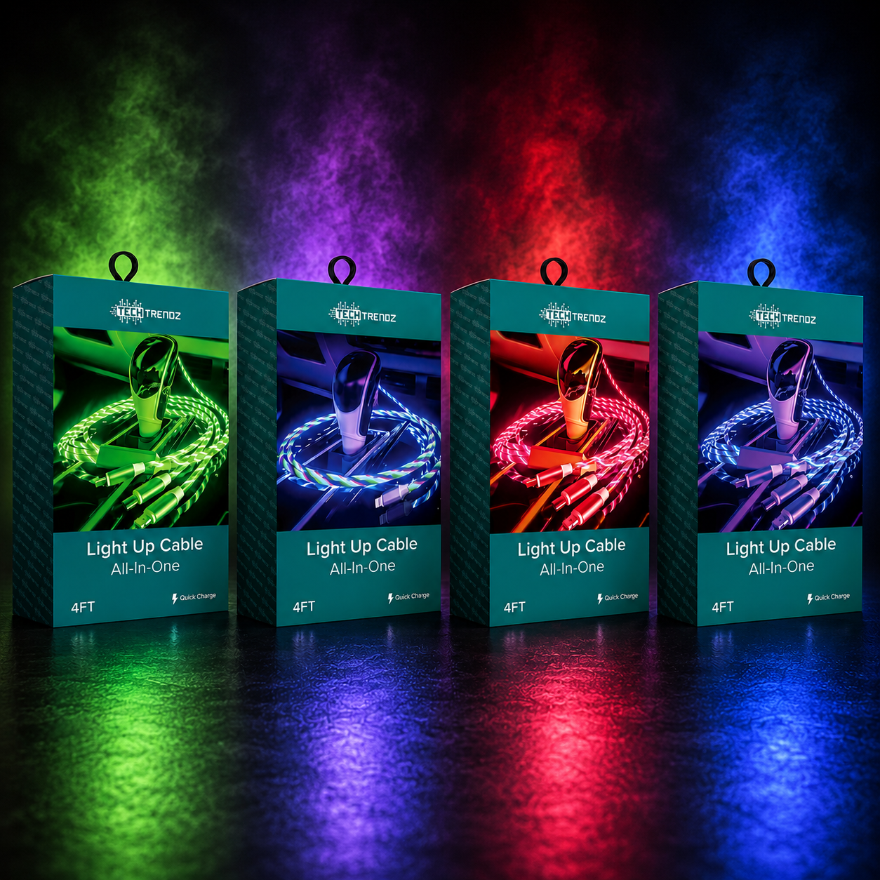 Four boxes of light-up cables with colorful lighting effects on a dark background