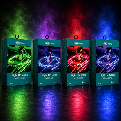 Four boxes of light-up cables with colorful lighting effects on a dark background