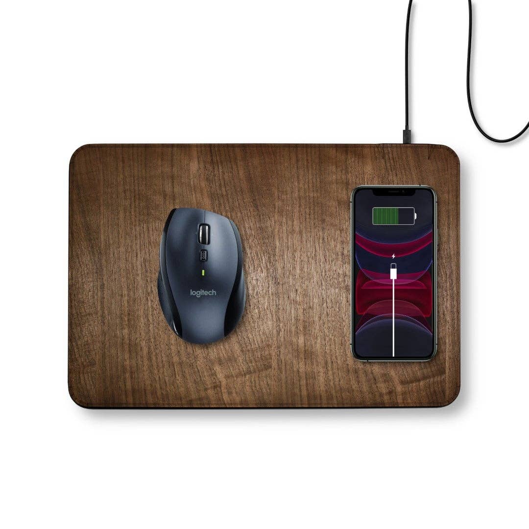 WUDN large real wood wireless charging mouse pad with built-in 15W Qi fast charger, with a mouse and phone