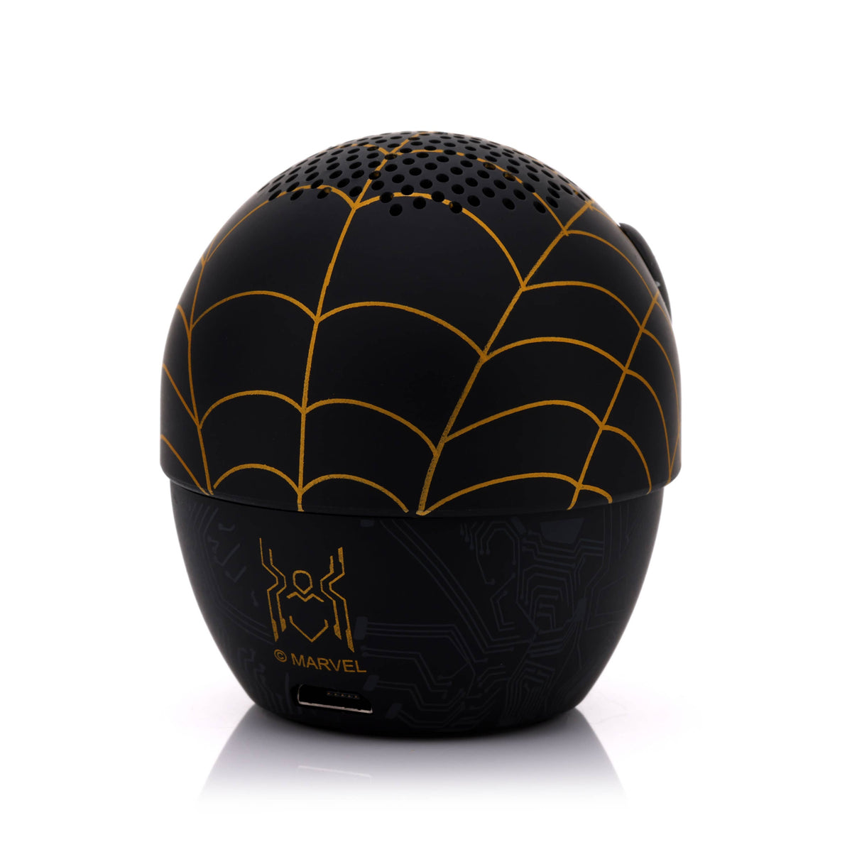 Marvel Spider-Man Black & Gold Bitty Boomer mini Bluetooth speaker featuring Spider-Man’s black and gold superhero suit.