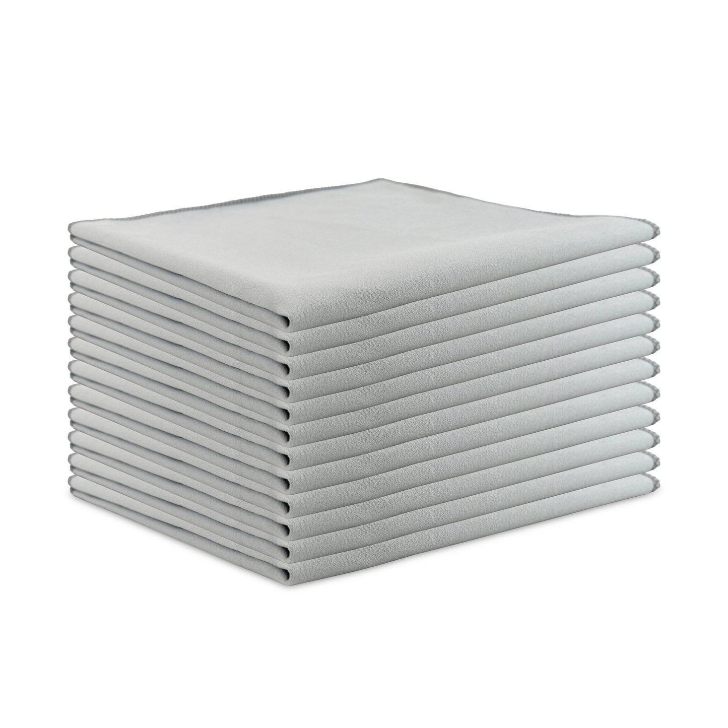A stack of ten light gray suede cloths neatly folded and stacked on a plain white background.