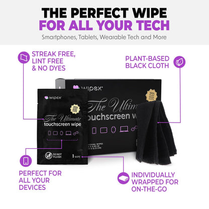 Wipex touchscreen wipes packaging with black cloth and text highlighting features on a white background