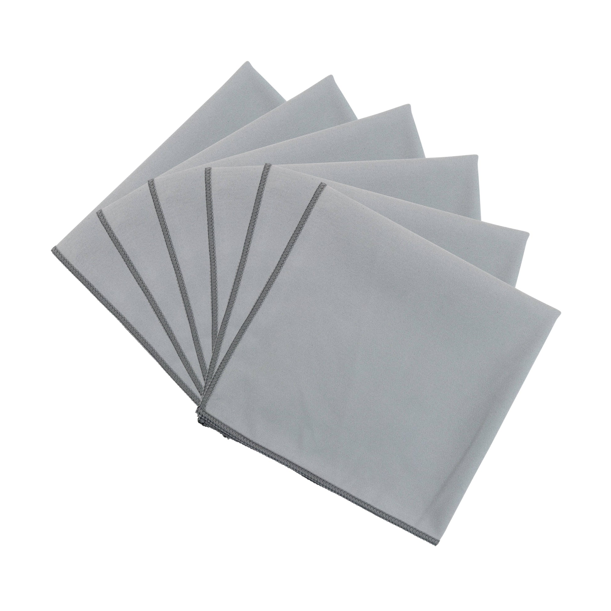 Five light gray square suede cloths arranged in a fan shape on a plain white background.