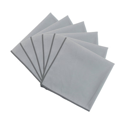 Five light gray square suede cloths arranged in a fan shape on a plain white background.