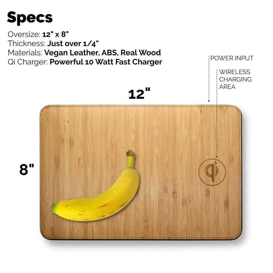 WUDN large real wood wireless charging mouse pad with built-in 15W Qi fast charger specs